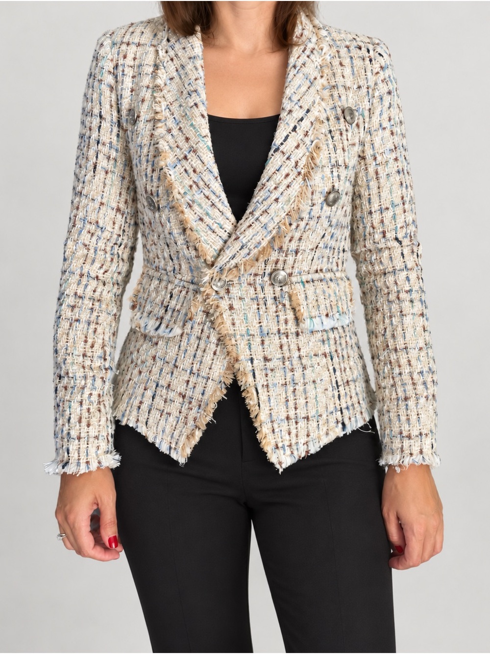 Aqua Cream Tweed Double-Breasted Blazer with Multicolor Thread
